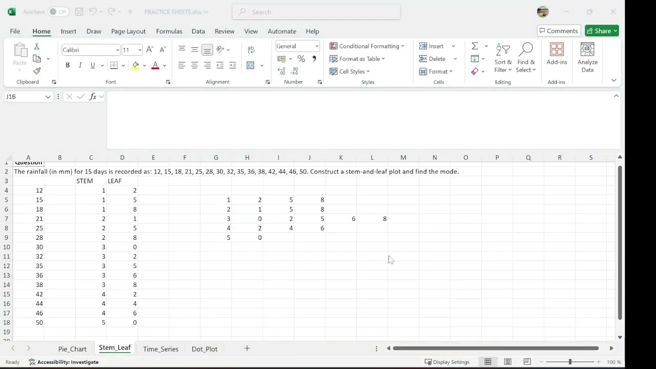 Excel  Pie, Stem Leaf, Time Series,Dot Charts