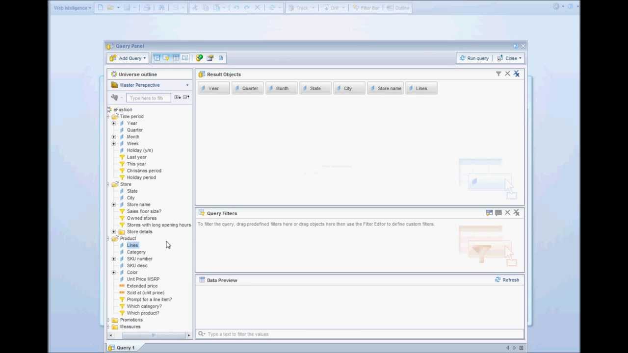 Query Panel - Select Objects and Create Simple Prompt in Webi