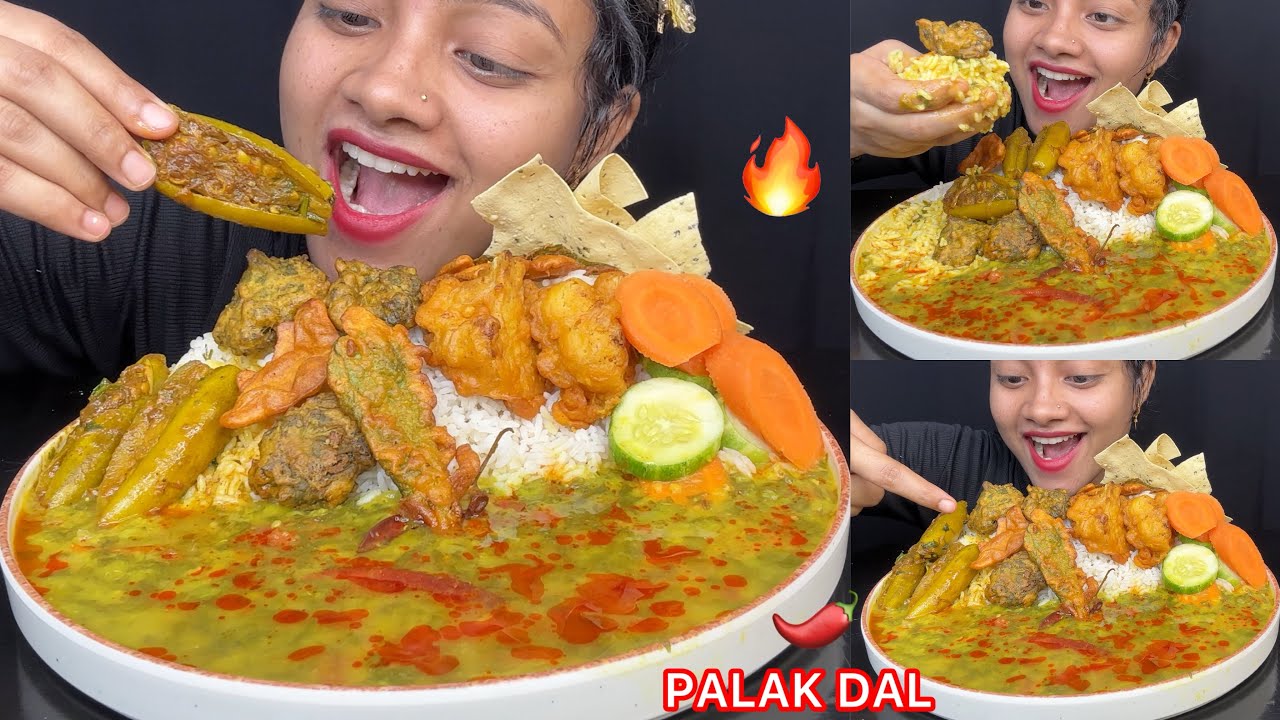 Palak Dal Chawal With Lots Of Pakoda Eating 😋🔥