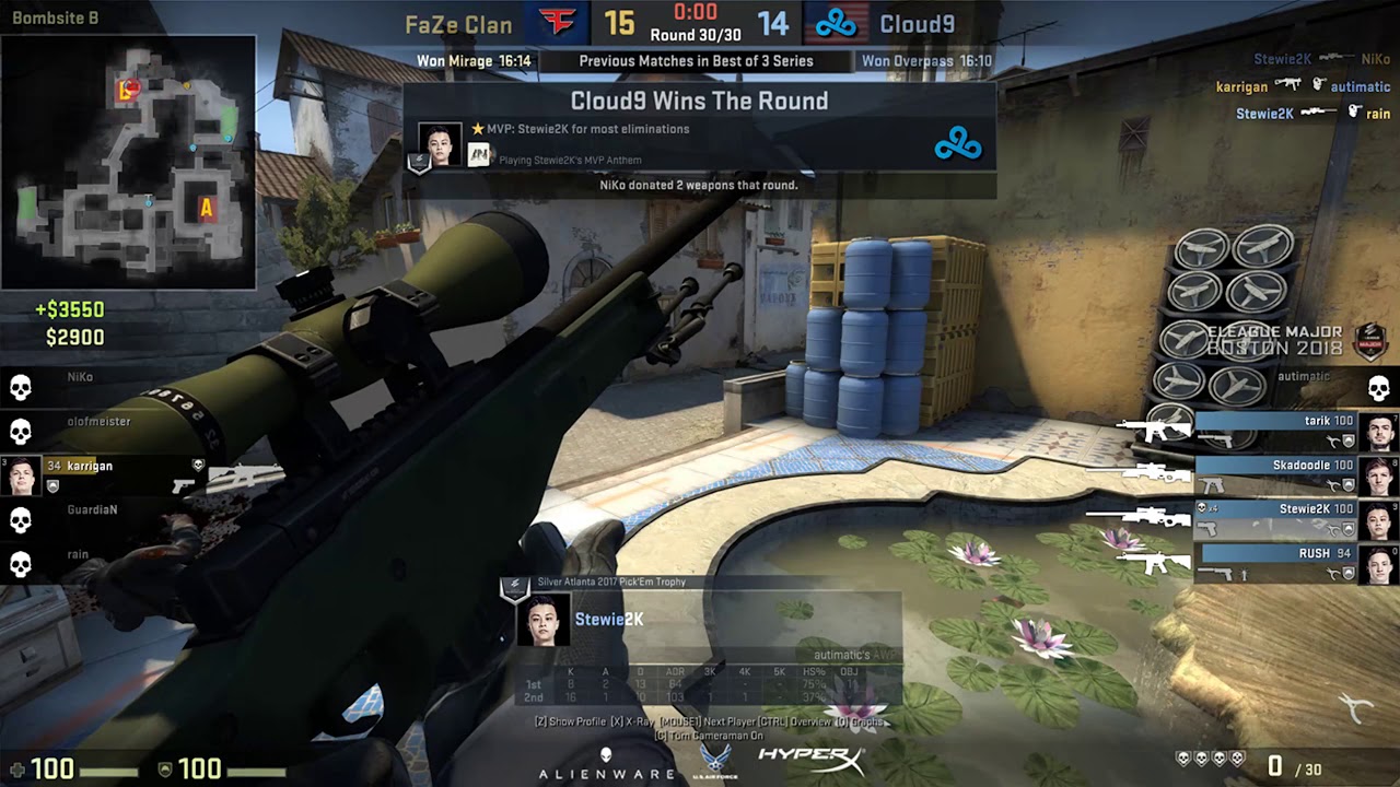 Cloud9 STEWIE2K AWP 4K TO FORCE OT vs FaZe Inferno @ ELEAGUE MAJOR BOSTON 2018
