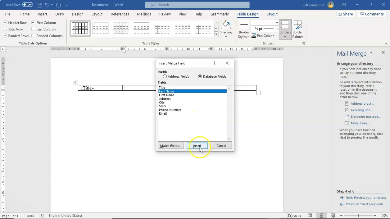 Create a Directory in M$ Word Using Mail Merge