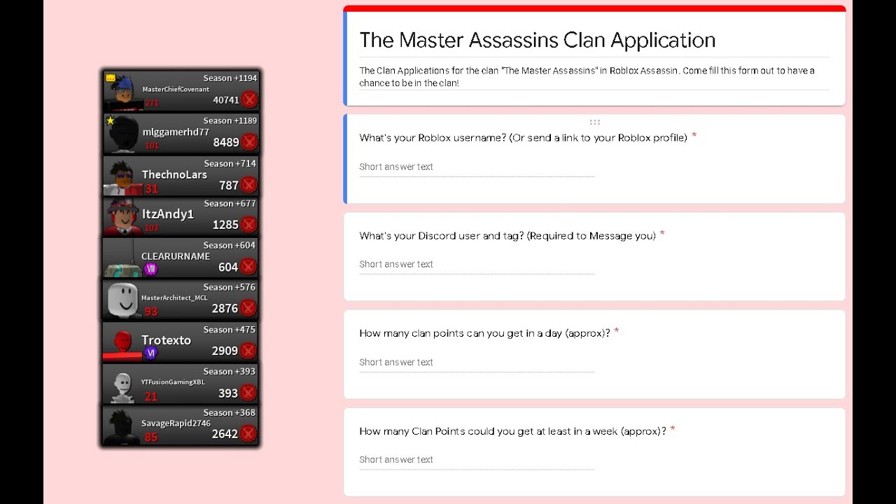 THE MASTER ASSASSINS CLAN APPLICATIONS! (ROBLOX ASSASSIN)