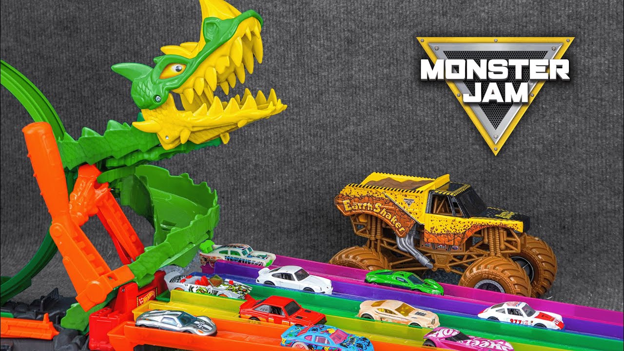 Monster Jam Earth Shaker Crushes Cars in Giant Dragon Track Set | Unboxing Monster Jam Toys ASMR