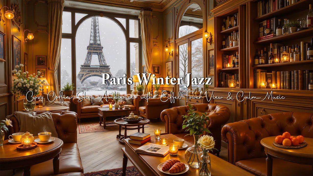 Paris Winter Jazz ❄️ Cozy Coffee Shop Ambience with Eiffel Tower View & Calm Music for Relax & Focus