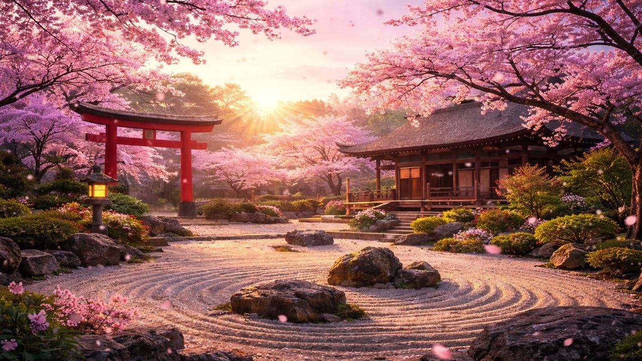 Spring Zen Sunrise – Cherry Blossom Japanese Garden | 3 Hours Healing Music