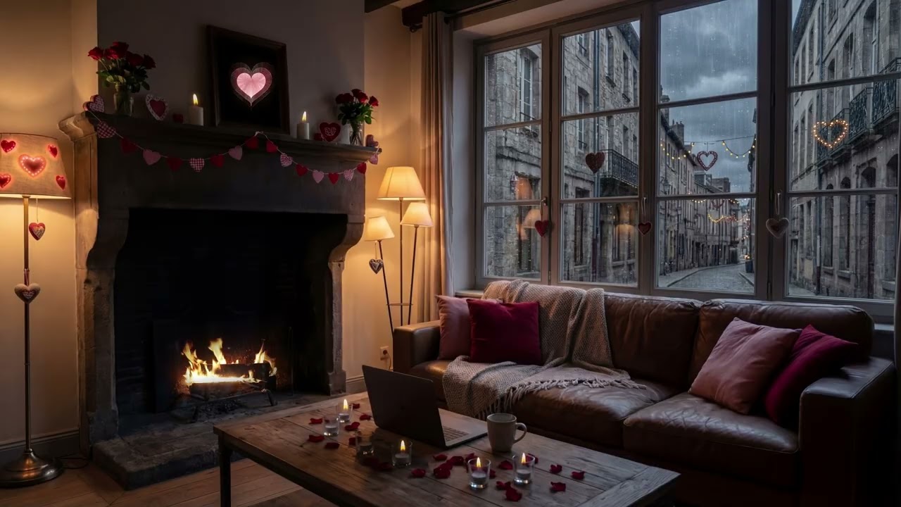 Valentine Ambience ❤️ | ASMR Jazz, Fireplace White Noise & Rain Sounds for Focus