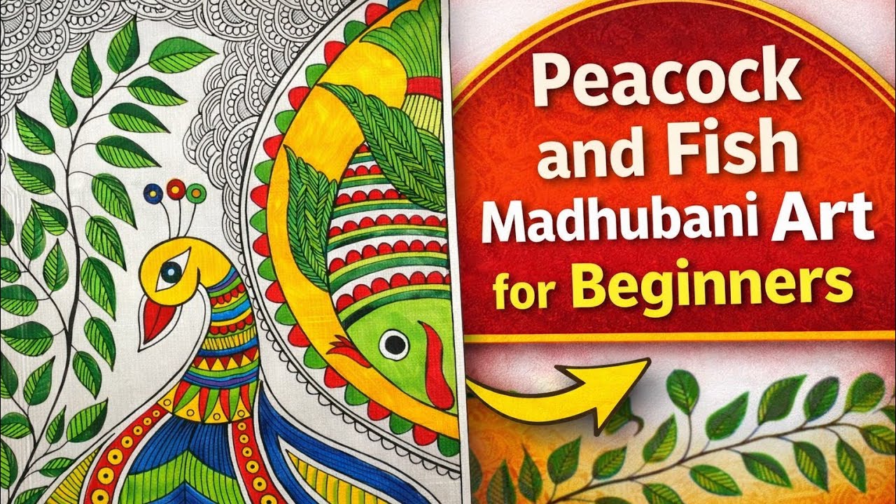 Madhubani painting of peacock and fish | Madhubani painting for beginners |Mithila art |step by step