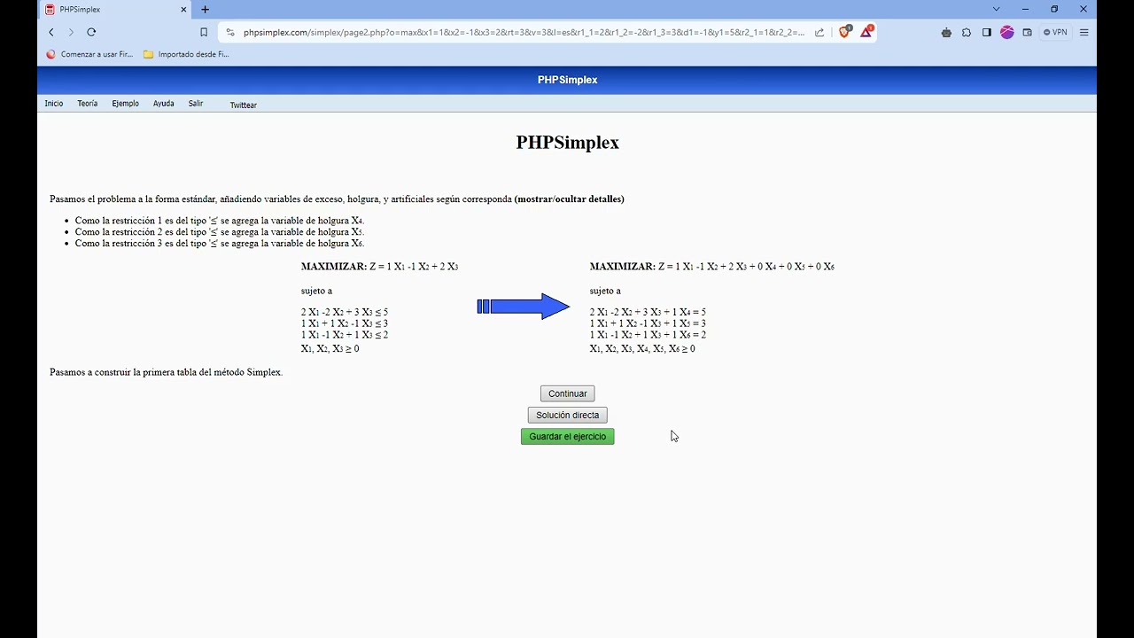 USO DE PHPSIMPLEX - MÉTODO SIMPLEX