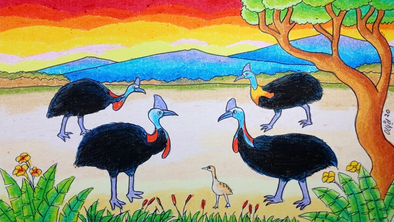 Cara Menggambar Burung Kasuari Dengan Crayon/Oil Pastel