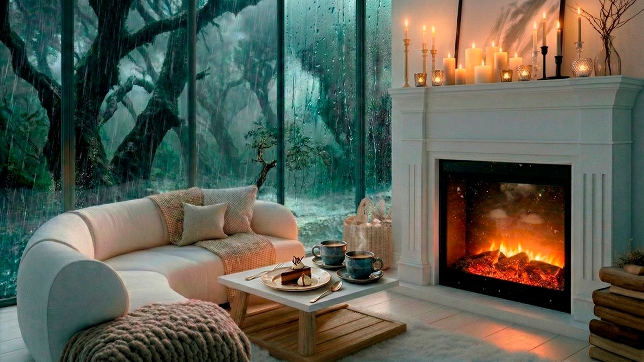 Warm Rain Evening Café ☕ Relaxing Jazz & Crackling Fireplace for Focus & Study 🌧️ 12 Hours Jazz Mix