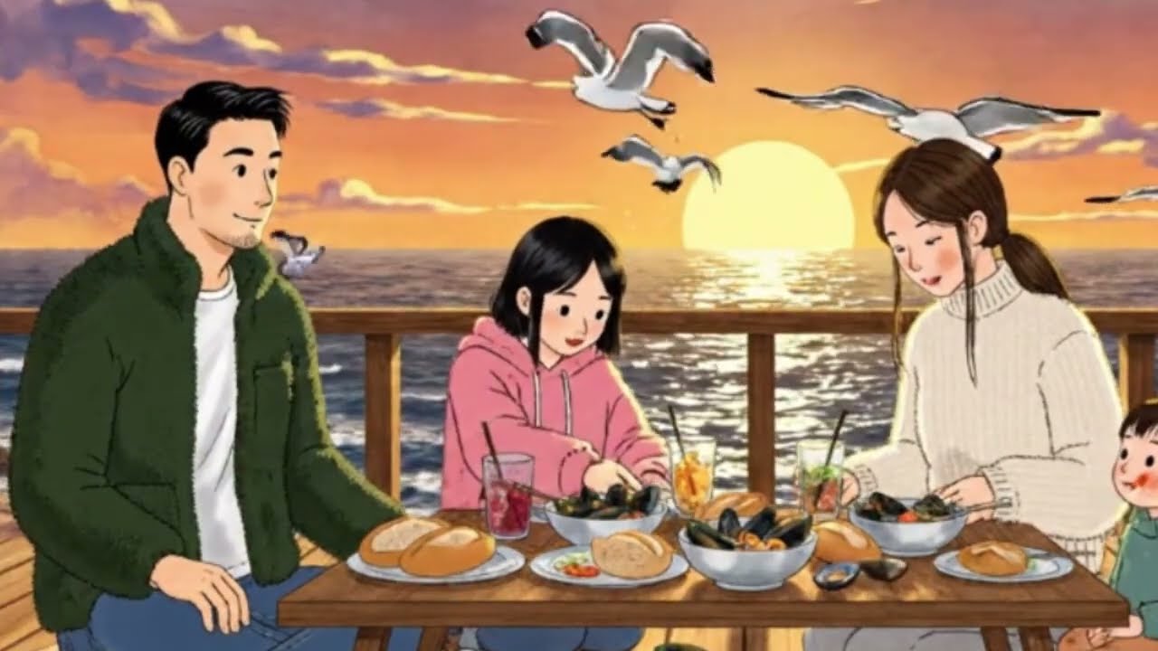 A Cloudy Morning by the Sea | Peaceful Family Beach Day | Cozy Ghibli ASMR Animation