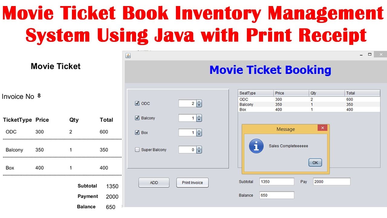 Movie Ticket Book Inventory Management  System Using Java with Print Receipt