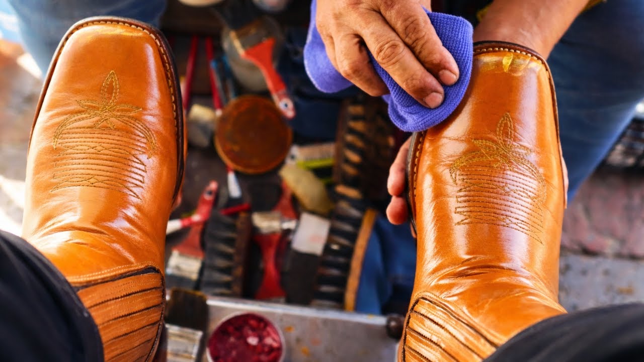 My favorite shoe shiner works magic on these boots | Street ASMR