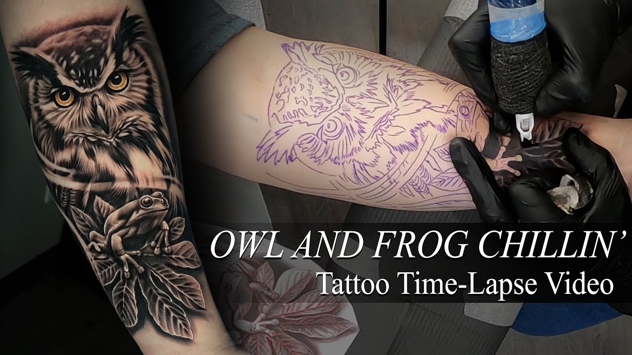 Tattoo Time-lapse | OWL AND FROG CHILLIN'