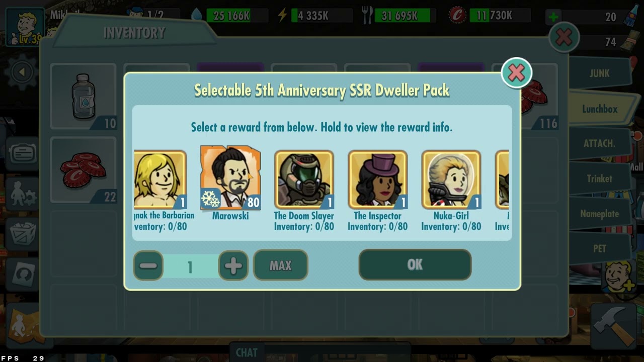 Fallout Shelter Online. Opening: Selectable 5th Anniversary SSR Dweller Pack.
