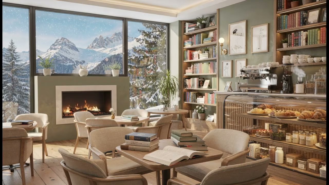 Cozy Winter Book Café in the Mountains ❄️📚 | Fireplace Café Ambience