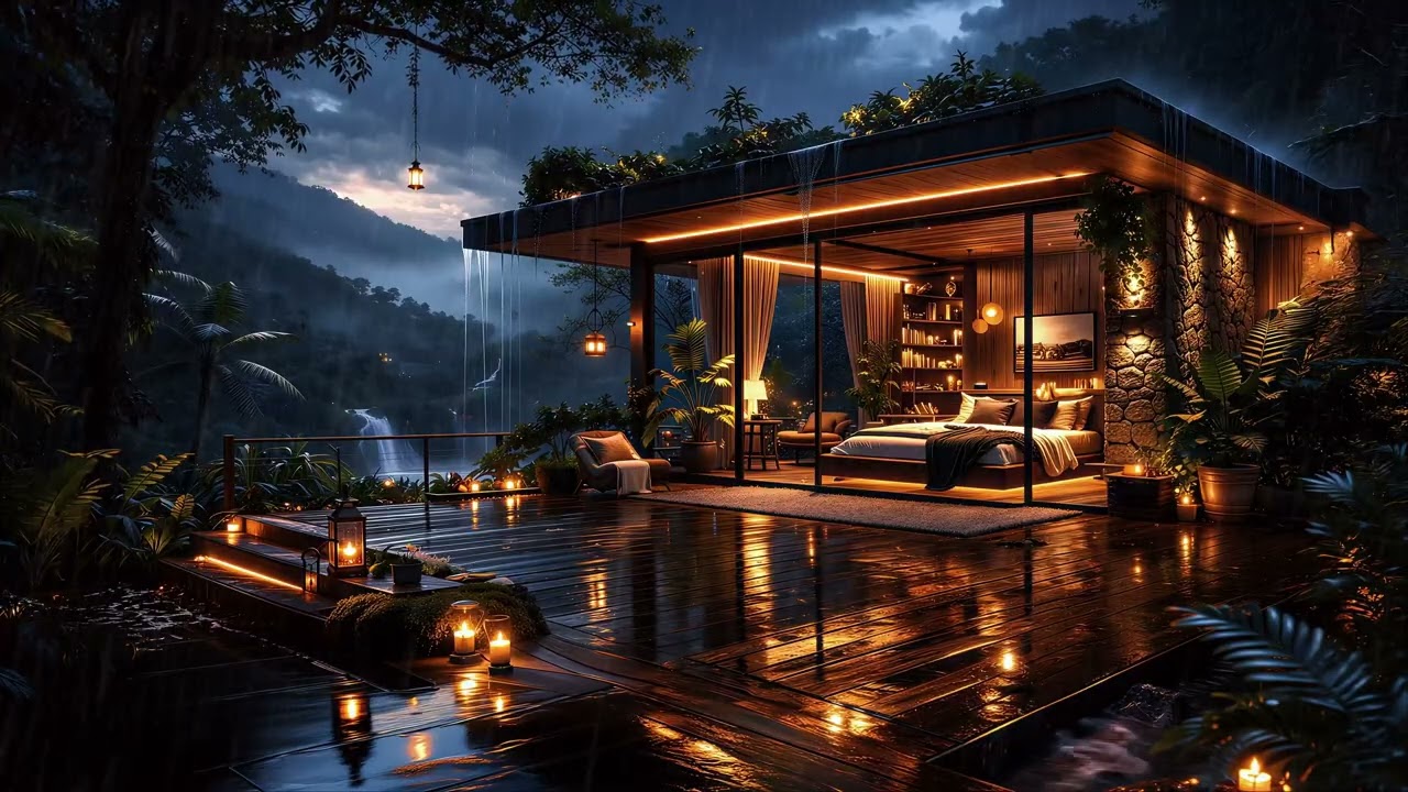🌧️ Rainy Forest Cabin Ambience 🌩️ Thunder, Rain & Cricket Sounds | 4K TV Art