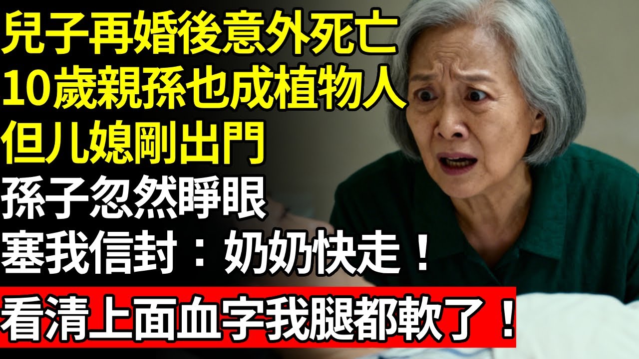 兒子再婚後意外死亡，10歲親孫也成了植物人，但媳婦剛出門，孫子忽然睜眼，塞我信封：奶奶快走！看清上面一行血字我腿都軟了！！#養老#不孝子#老人社#人間家事#退休金