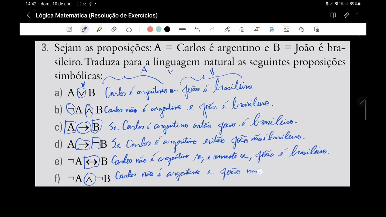 Lógica Matemática (Tradução da linguagem simbólica para a linguagem Natural) Resolução de Exercícios