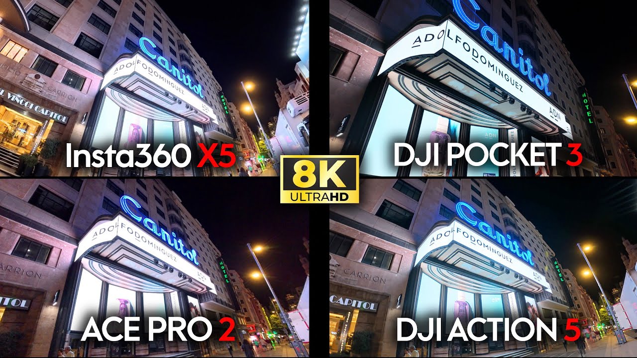 Insta360 X5 vs DJI Pocket 3 vs ACE PRO 2 vs DJI Action 5 ¡LOW LIGHT en 8K!