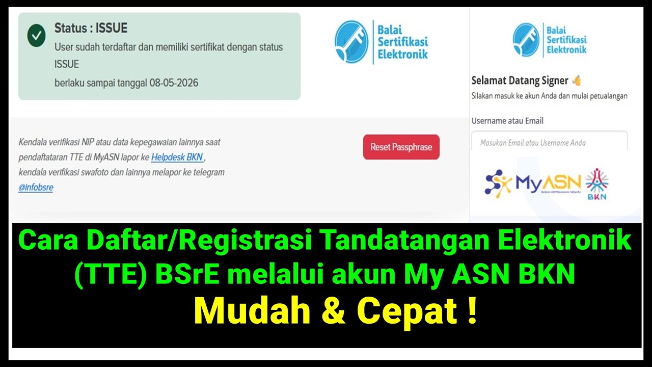🔴Cara Daftar/Registrasi/Solusi belum masuk Passphrase Tandatangan TTE BSrE di My ASN BKN/My SAPK BKN