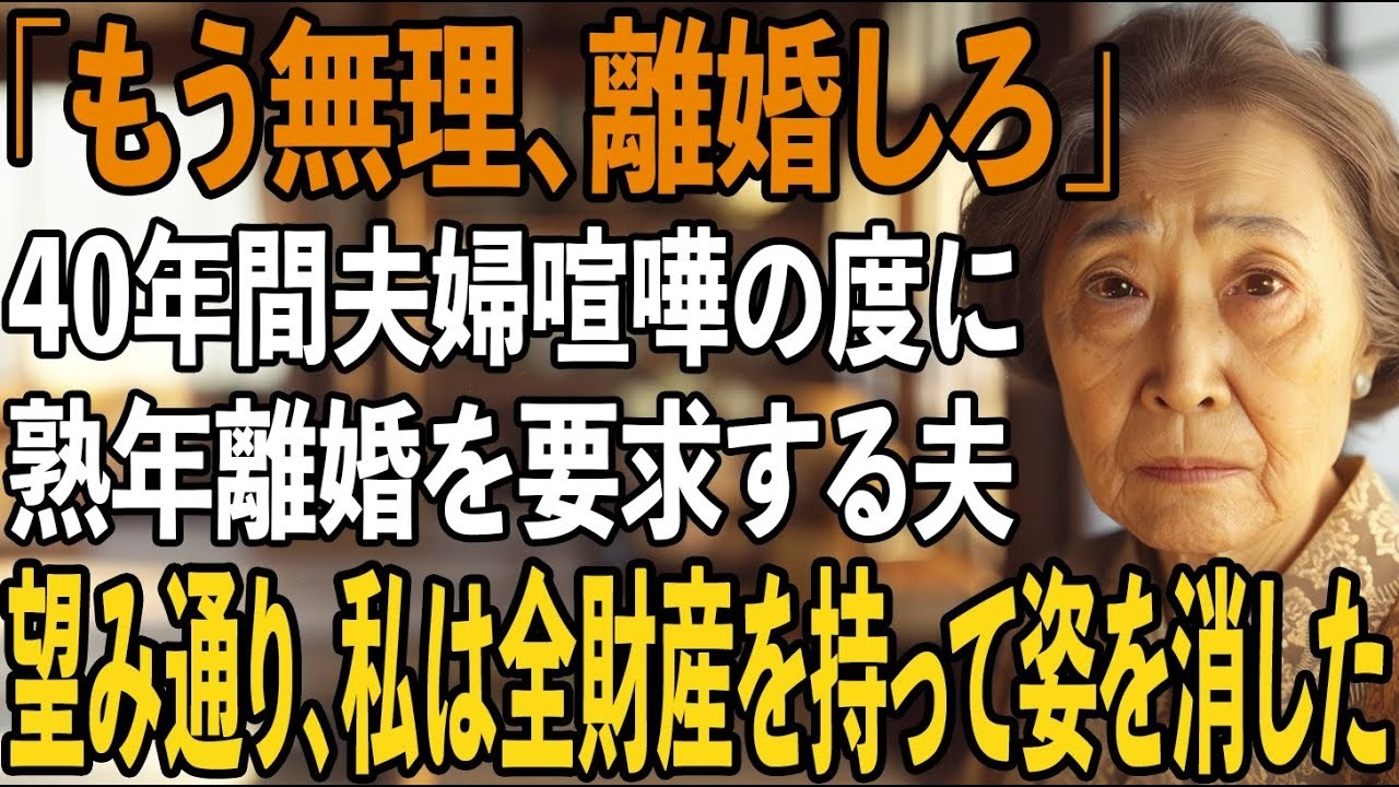 「離婚してくれ」夫婦喧嘩の度に熟年離婚を要求してくる夫。→お望み通り、40年間隠してきた1億円の隠し財産を持って姿を消してやった結果【シニアライフ】【60代以上の方へ】