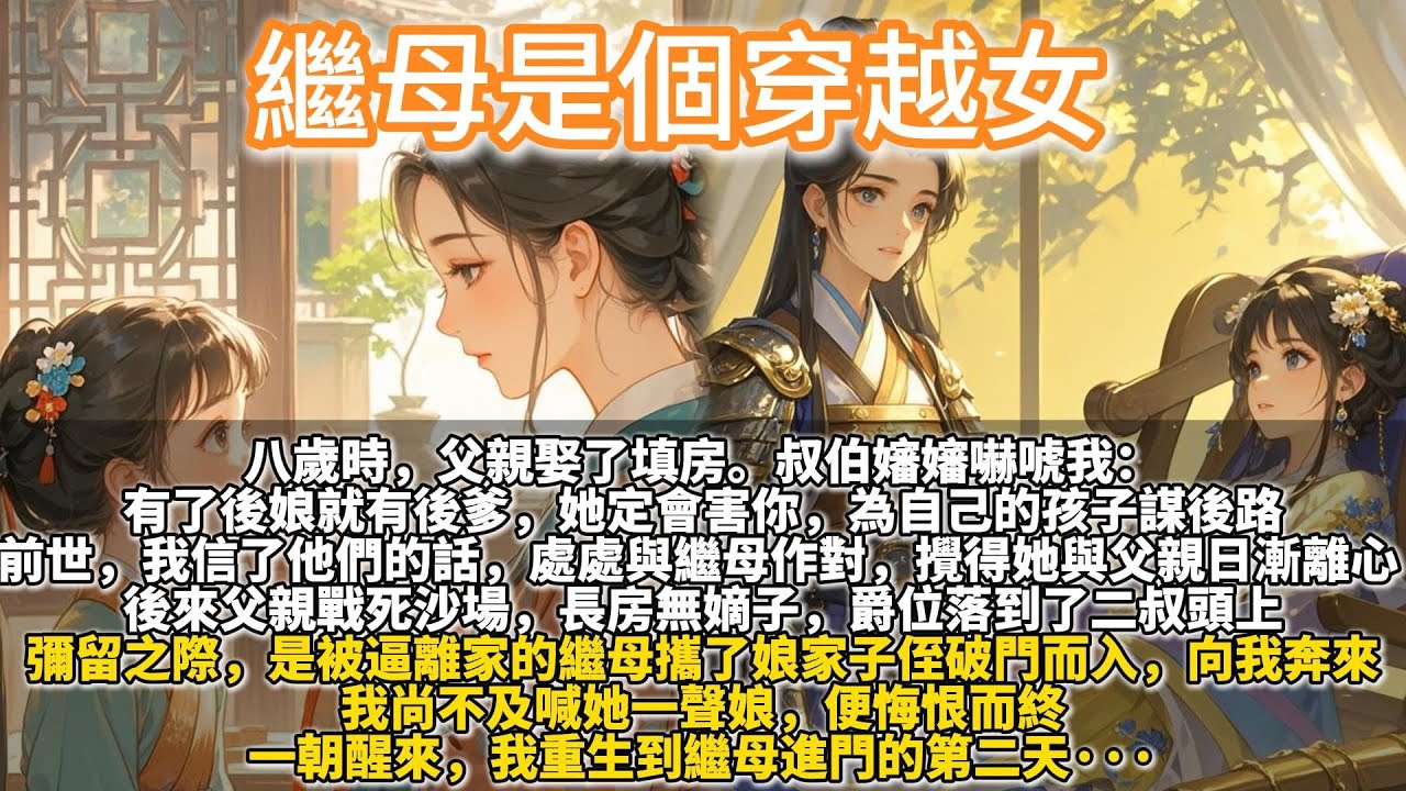 完結疊buff重生溫馨文：繼母是個穿越女。八歲時，父親娶了填房。 叔伯嬸嬸嚇唬我：有了後娘就有後爹，她定會害你，為自己的孩子謀後路。 前世，我信了他們的話，處處與繼母作對，攪得她與父親日漸離心。