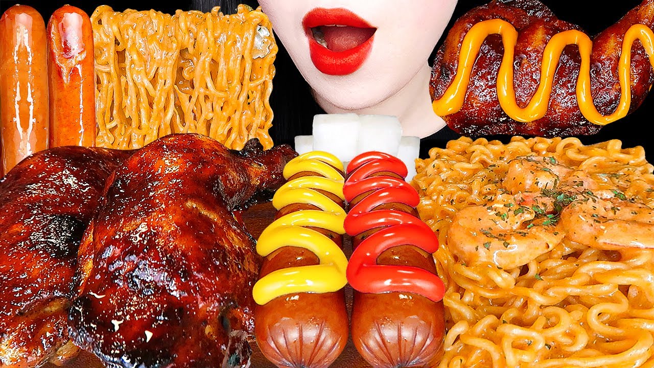 ASMR Giant BBQ Chicken Drumsticks, Cheese Sausage, Spicy Noodles Recipe 직접 만든 자메이카 통다리 치킨, 신라면 툼바 먹방