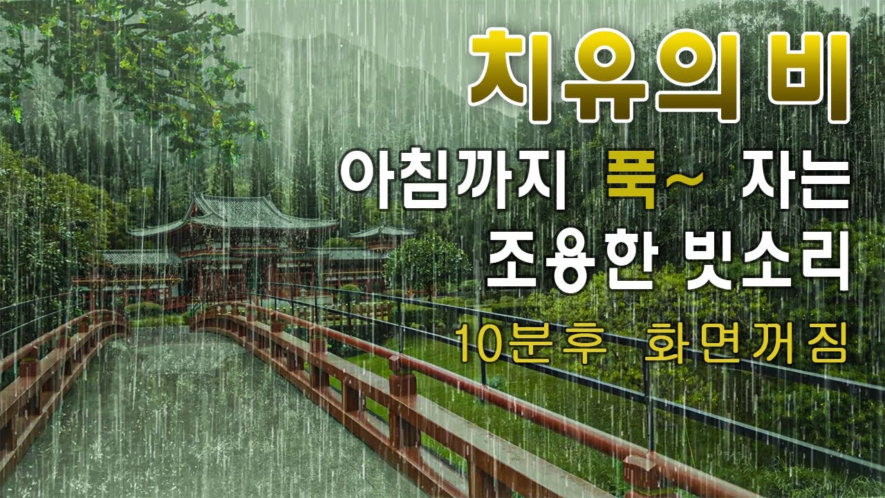 아침까지 푹 자는 조용한 빗소리 - 불면증과 이명 치료를 위한 빗소리 백색소음 - 10분후 화면꺼짐