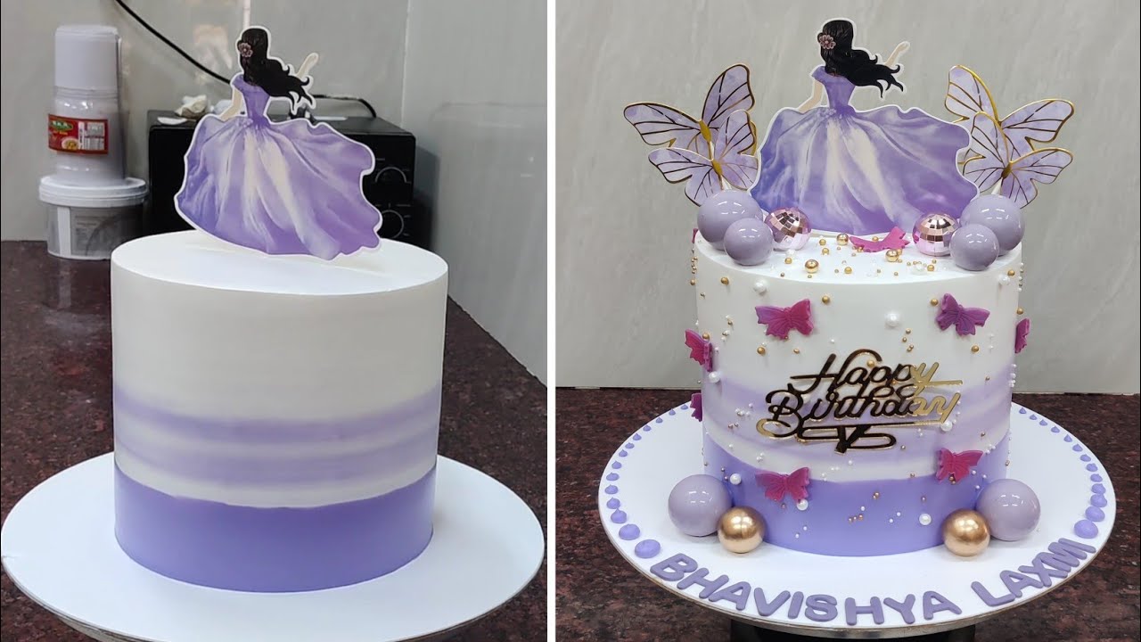 Beautiful Purple Theme Birthday Cake with Princess Topper and Butterfly Design