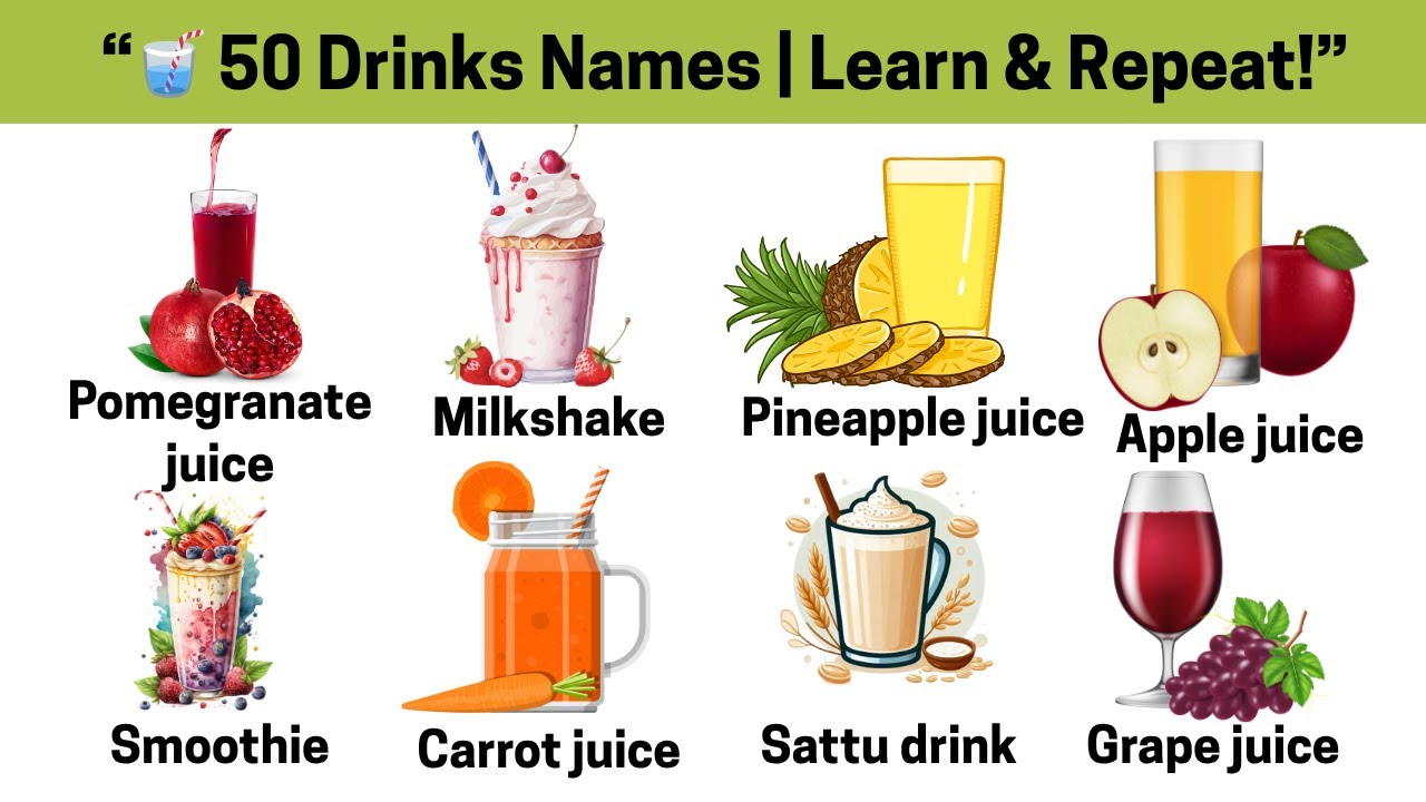 50 Drinks Names for Kids in English | Learn Beverages with Pictures & Voice Repetition