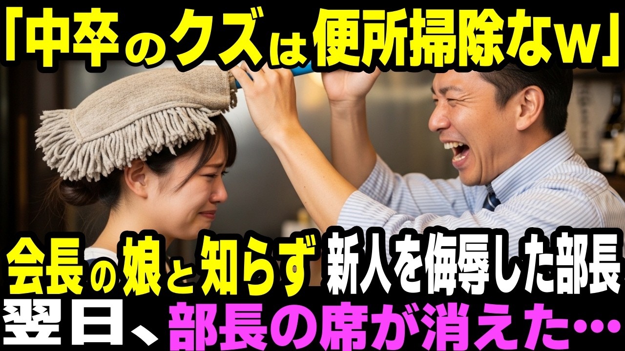 「中卒のクズは便所掃除しとけｗ」会長の娘だと知らずに新人歓迎会で女性新入社員を侮辱したエリート部長。翌日、部長の席が消えた…