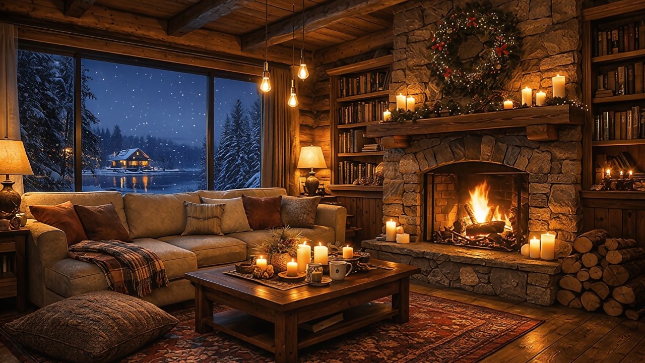 Cozy Winter Cabin at Night ❄️ Fireplace & Snowfall  Relaxing Ambient Music#71