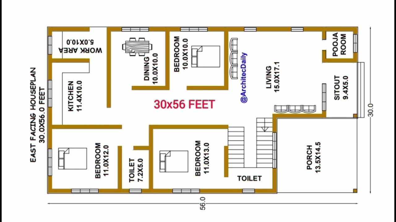 @ArchitecDaily | План дома 30x56 футов, ориентированного на восток | #васту V N- 205🏡🌹
