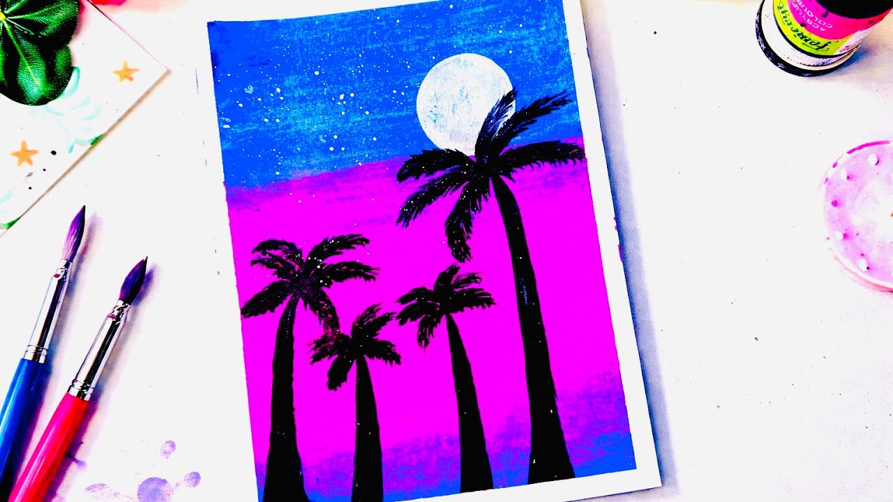 Easy Palm Tree Moonlight Painting| Acrylic Night Sky Painting 🏝️🌌 AcrylicPainting#PalmTreePainting