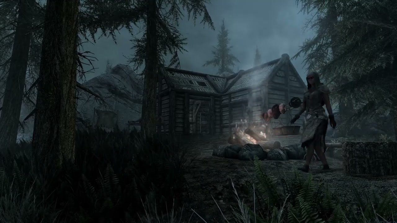 Rainy Night in The Forests of Skyrim | Rain & Music Ambiance