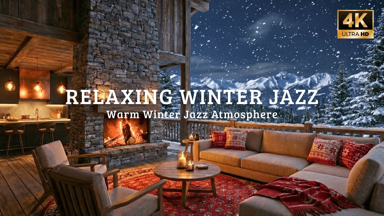 🔴 Relaxing Winter Mountain Night ❄️ Cozy Jazz Music & Fireplace for Work & Focus