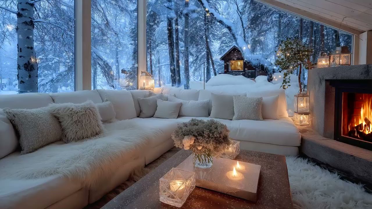 🌨️🎹 Romantic Snowfall Piano Ambience | Cozy White Lounge & Fireplace Glow | 5 Hours Calm Study Focus