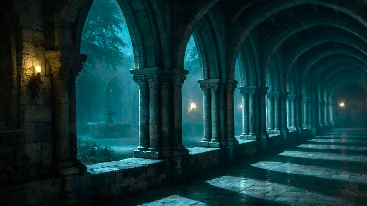 Medieval Stone Arcade at Night | Medieval Sleep Ambience (1 Hour)