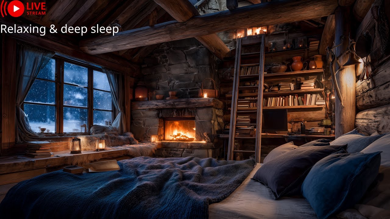 LIVE 🔴 Cozy Winter Cabin with Fireplace Sounds ❄️ Snowfall for Deep Sleep, Reduce Stress