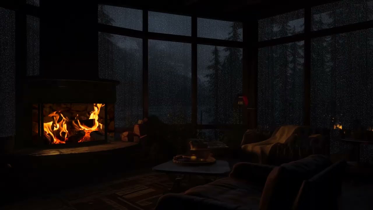 Rainstorm at Cozy Cabin with Fireplace 🌧️ Soothing Night Ambience for Healing, Sleep, and Serenity