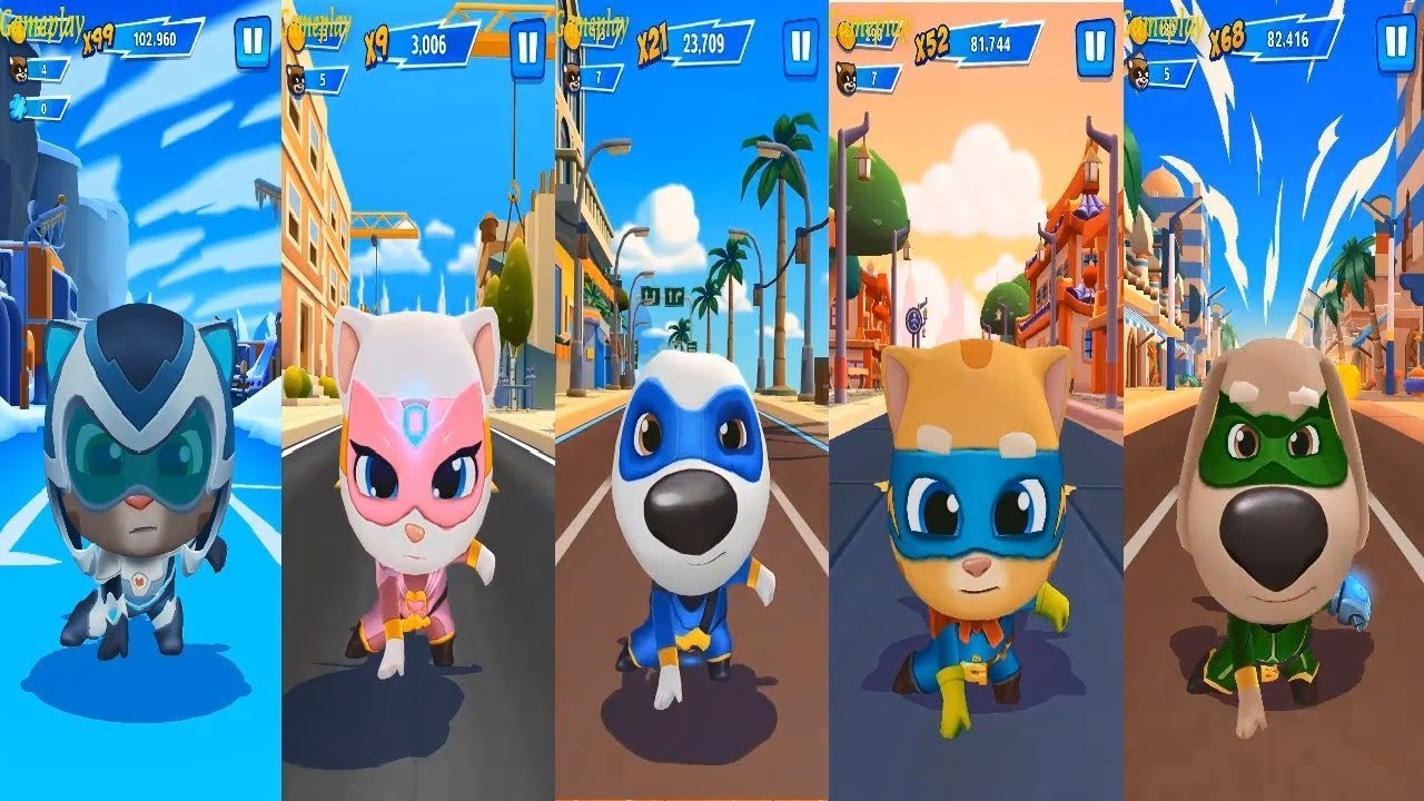 Talking Tom Hero Dash -SUPER Tom Ice Bolt Tom VS SUPER Angela VS Hank VS Ginger VS  BEN Gameplay
