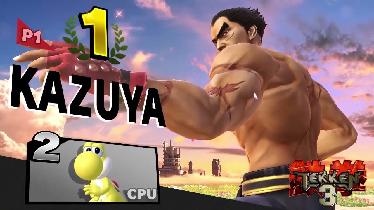 Super Smash Bros Ultimate- Kazuyas victory screen but with all of the Tekken announcers