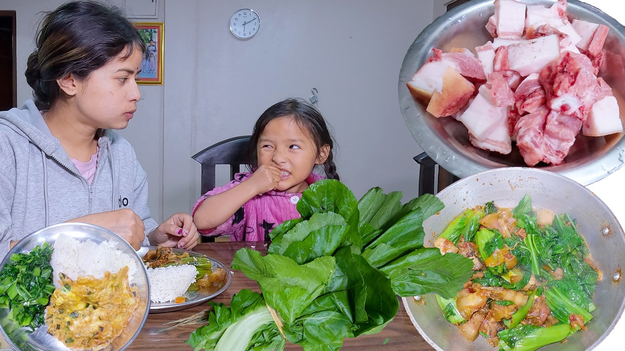 pork cooking Mustad vegetable  mix curry and eating with rice || sumnima cooking for family