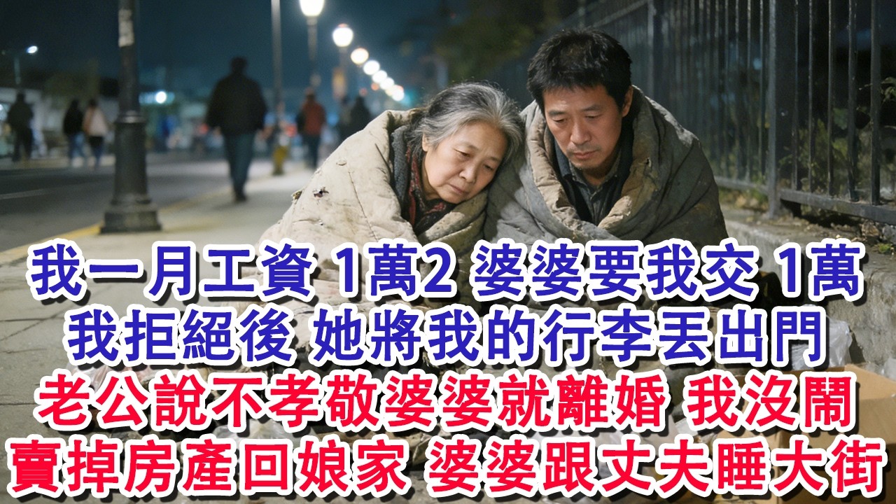 【完結爽文】我一月工資一万二，婆婆要我交1萬，我拒絕後她將我的行李丟出門，老公說不孝敬婆婆就離婚，我沒鬧，賣掉房產回,娘家，婆婆跟丈夫睡大街#婆媳 #家庭 #婚姻 #恋爱 #情感故事 #戀愛 #情感