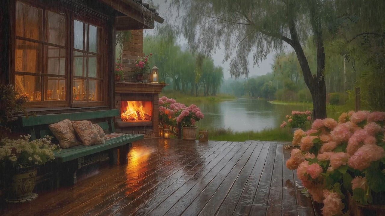 Peaceful Spring Morning Rain in the Garden with Cozy Fireplace | Nature Sounds for Deep Sleep