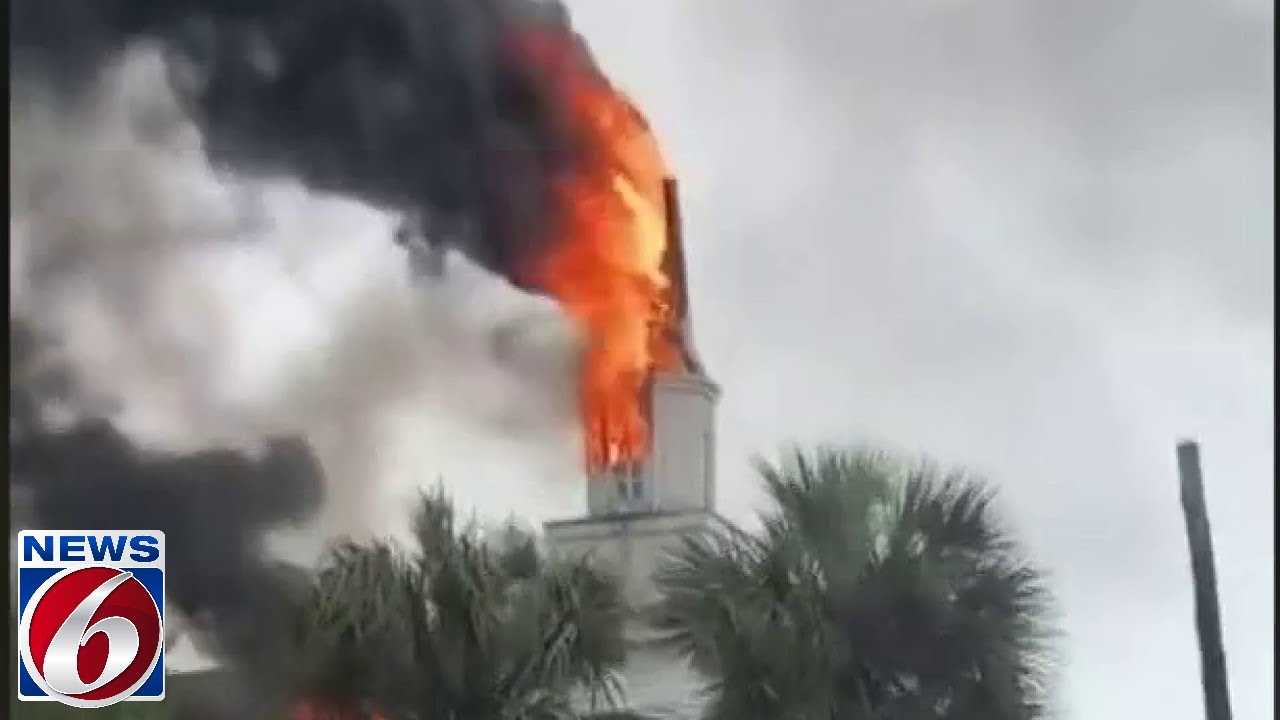 Video shows Florida church steeple on fire after lightning strike