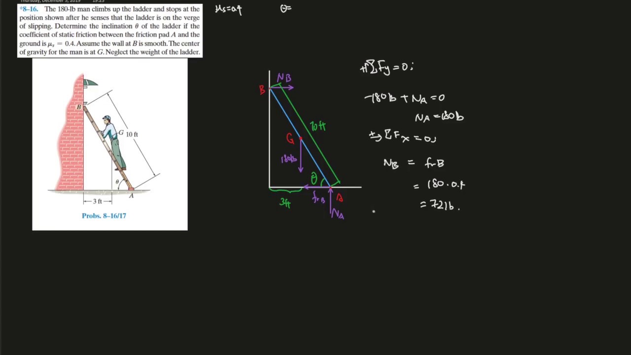 8-16 Determine the inclination Θ of the ladder with given μ that is resting on a smooth wall.