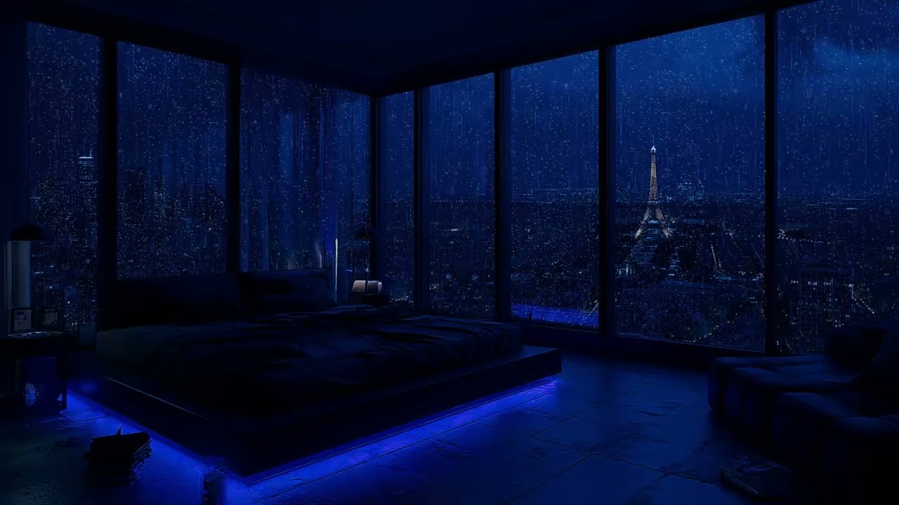 🌧️ Cozy Rainy Night in a Luxury City Bedroom with Gentle Piano and Warm Fireplace Ambience for Sleep