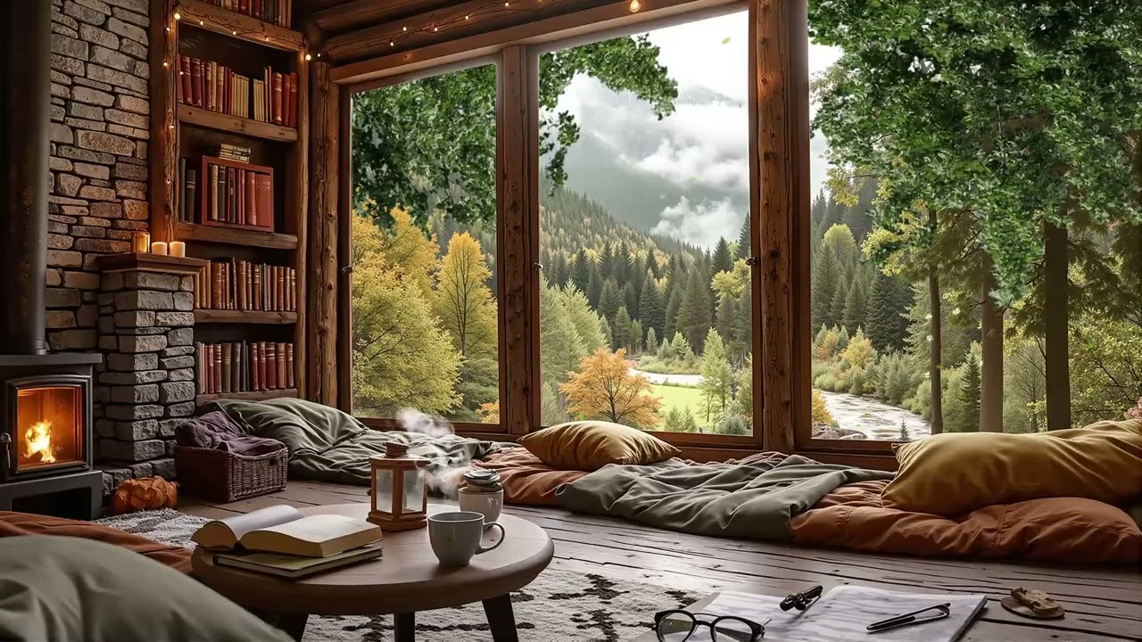 Morning Jazz Cabin Escape – Gentle Jazz, Warm Fireplace & Quiet Forest Views
